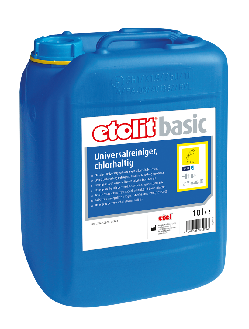 etolit basic Universalreiniger, chlorhaltig 10l – Flüssiger Universalgeschirrreiniger, alkalisch, bleichend